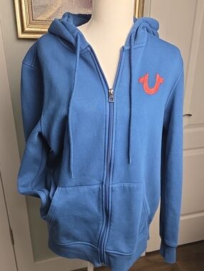 True Religion Royal Blue Full-Zip Hoodie with Red Logo Mens Medium